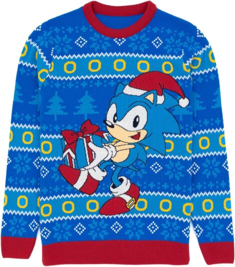 Sonic Mens Christmas Jumper | Video Game Movie Festive Knitted Sweater | Xmas Gifts for Him Her.