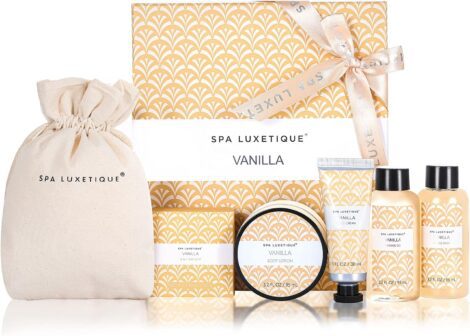 Spa Luxetique Vanilla Bath Gift Set – 6pcs Travel Gift Box for Women, Christmas & Mother’s Day Gifts