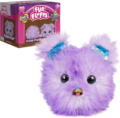 Interactive toy pet, Fur Fluffs, reveals surprise, with over 100 sounds and reactions. Ideal for kids 5+.