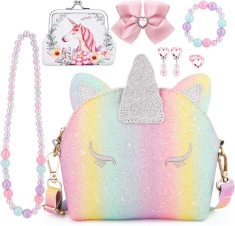 JYPS Unicorn Purse: Adorable 7Pcs Kids Crossbody Bag and Jewelry Set – Birthday Unicorn Present and Toy.