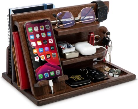 Amber Wood Phone Docking Station with Organizer – Perfect Men’s Gift for Anniversaries, Birthdays, or Christmas.
