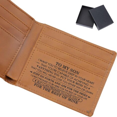 AMIJOUX Brown Wallet: Personalized Leather Bifold with Blessing Words & Box. Perfect Son’s Birthday/Christmas Gift!