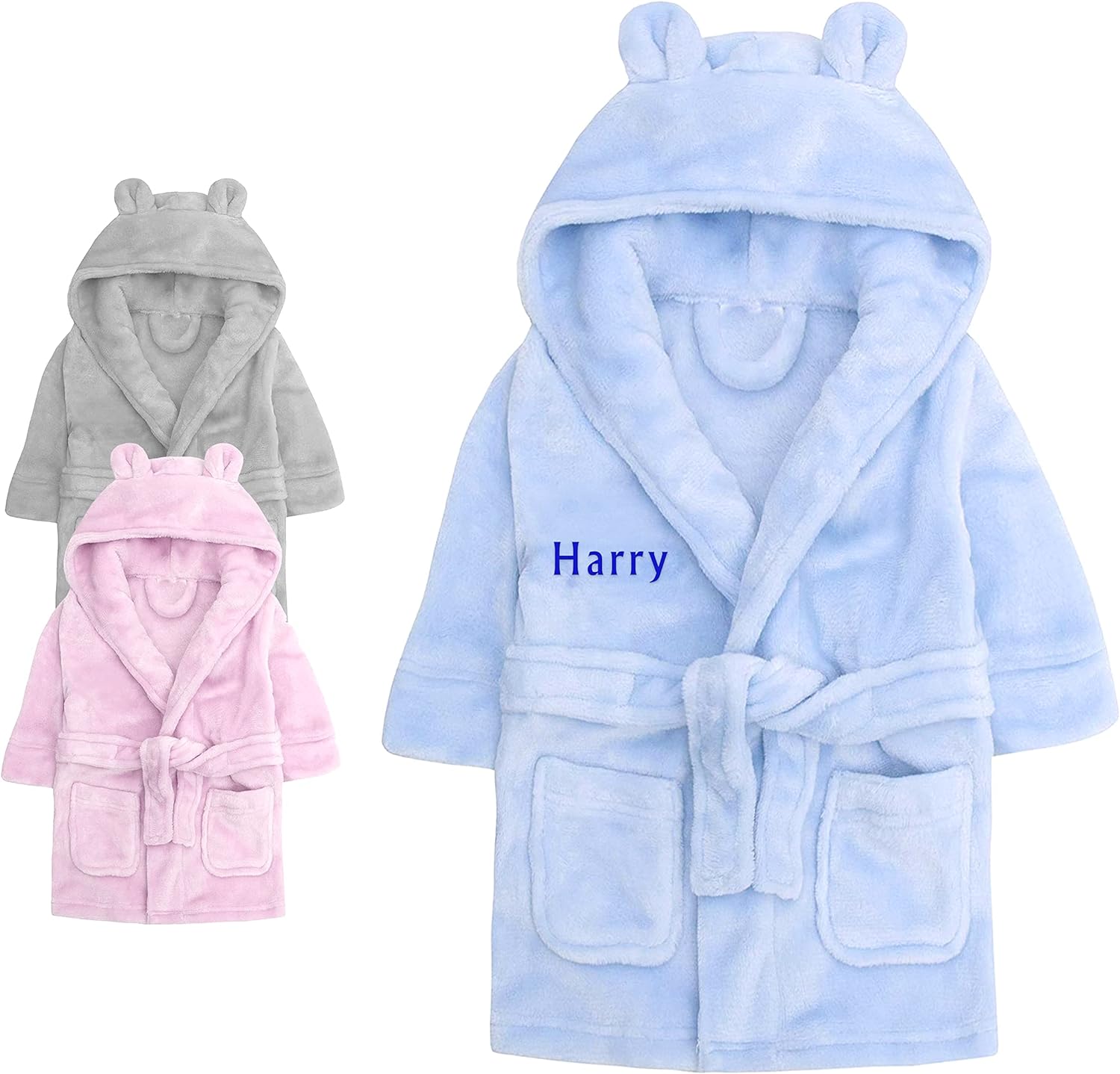 Varsany Personalised Baby Shower Robe Dressing Gown Gift Newborn Baby Clothes Boy Girl Bath Robe Pink/Blue/Grey Gifts Teddy Ears Embroidery Rhinestone 0-24 Months