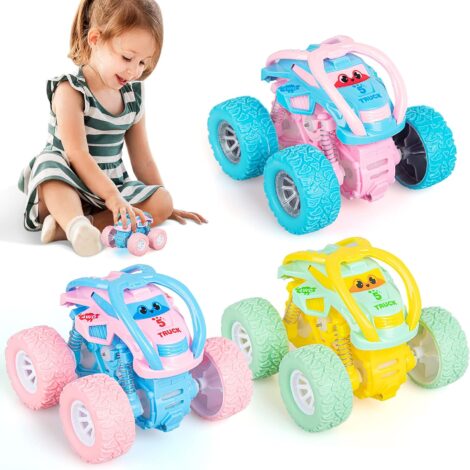 INSTOY Pull Back Racing Cars Jumping Stunt Cars for 2-4 Year Old Girls and Boys.