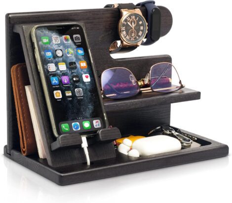 Teslyar Men’s Wood Phone Docking Station & Desk Organizer, ideal for Father’s Day, birthdays, and anniversaries.