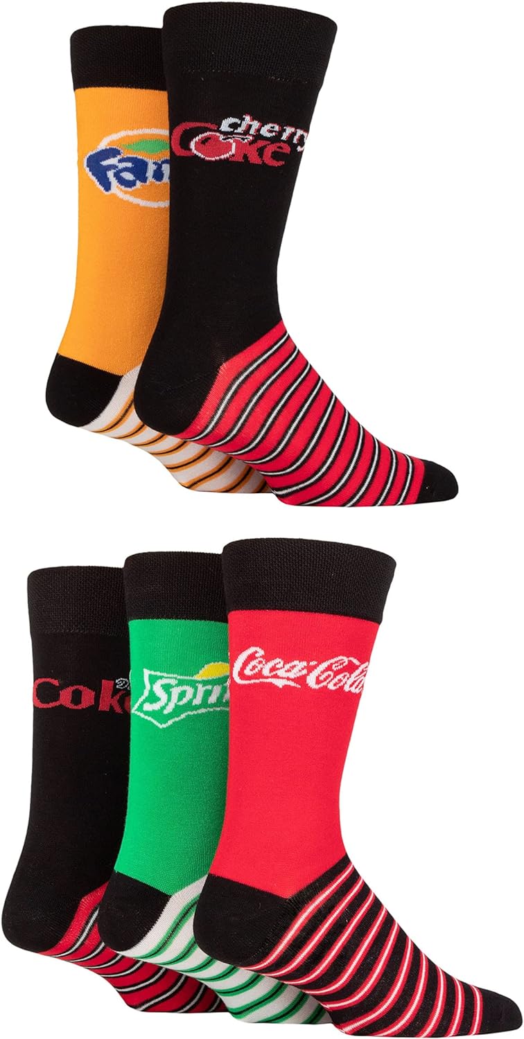 Coca Cola Men’s and Ladies, Diet Coke, Fanta, Sprite and Cherry Coke Novelty Bamboo Socks in Fun Soda Pop Can Designs – Various Sizes – One of Each Pattern in a Multipack of 5 Pairs