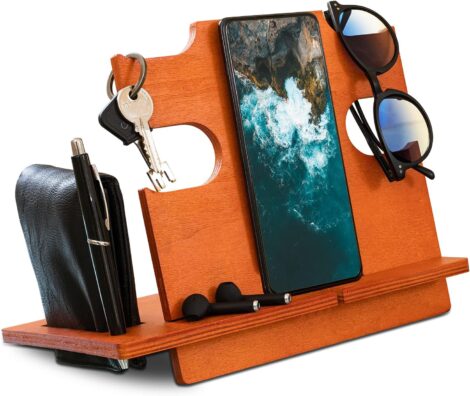 LAC Wood Docking Station: Desk/Bedside Organizer for Him – Birthday Gifts for Men (Cherry).