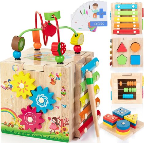 8-in-1 Montessori Toy Set: Wooden Activity Cube for 12M+ Toddlers, First Birthday Gift