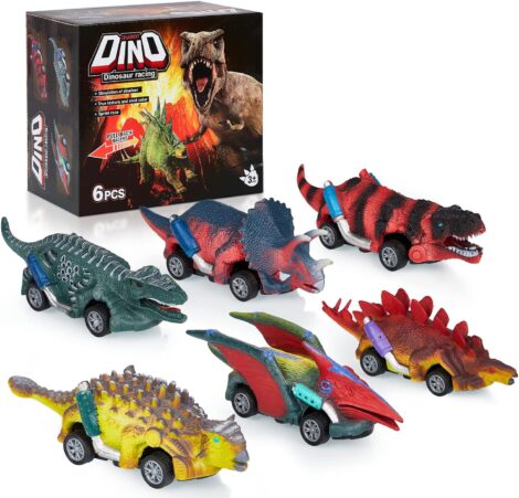 Januts Dinosaur Cars: 6-Pack Dark-colored Dino Pull-Back Toys for Boys & Girls Age 3-6. Ideal Toddler Gifts.