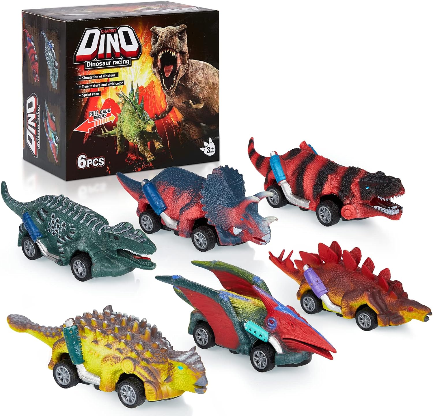 Januts Dinosaur Cars Dinosaur Toys 6 Packs Dinosaur Pull Back Cars for Boys 3 4 5 6 Year Old Kids Toys Cars for Toddler Gifts Toys Figures Games for 6+ Year Old Boys Girls, Dark Color