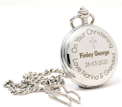 Engraved Silver Pocket Watch in Gift Box with Customizable Design – Christening/Communion