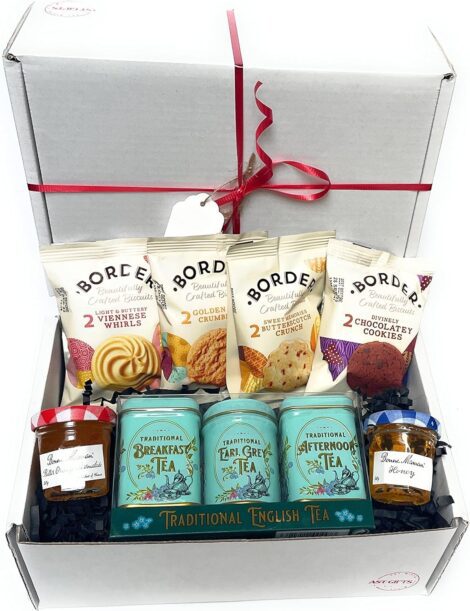 Tea Lovers’ Hamper: Border Biscuits, Marmalade, Honey, Mini English Tea Tins, Perfect for All Occasions.