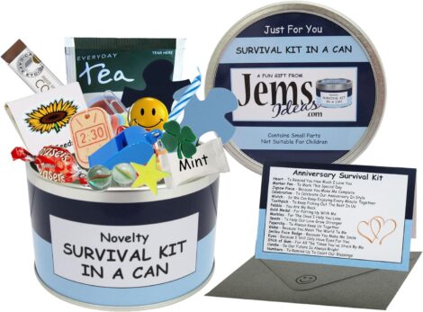 Humorous Survival Kit for Anniversaries – All-in-One Gift for Him, Customizable Can (Blue/Navy).