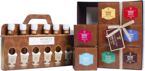 9 Assorted Flavored Ground Coffee & 6 Coffee Syrups Bundle – Perfect Couples’ Gift Set