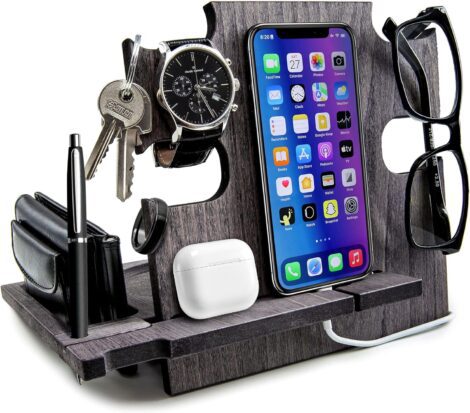 Men’s Slate Gray Docking Station – Wood Desk Organizer, Perfect Gift for Him.