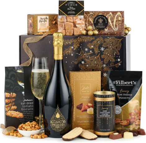 Luxury hamper: T&F ‘Elegance Sparkling’ with Prosecco, chocolates, sweet, savory treats – 8 delightful items.