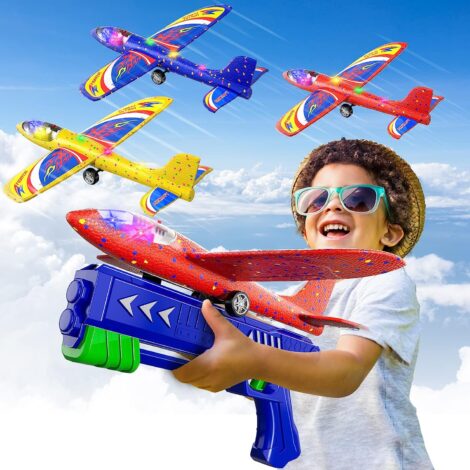 Doloowee Airplane Launcher Toys with LED Foam Glider, 2 Flight Modes, Outdoor Sports Toys