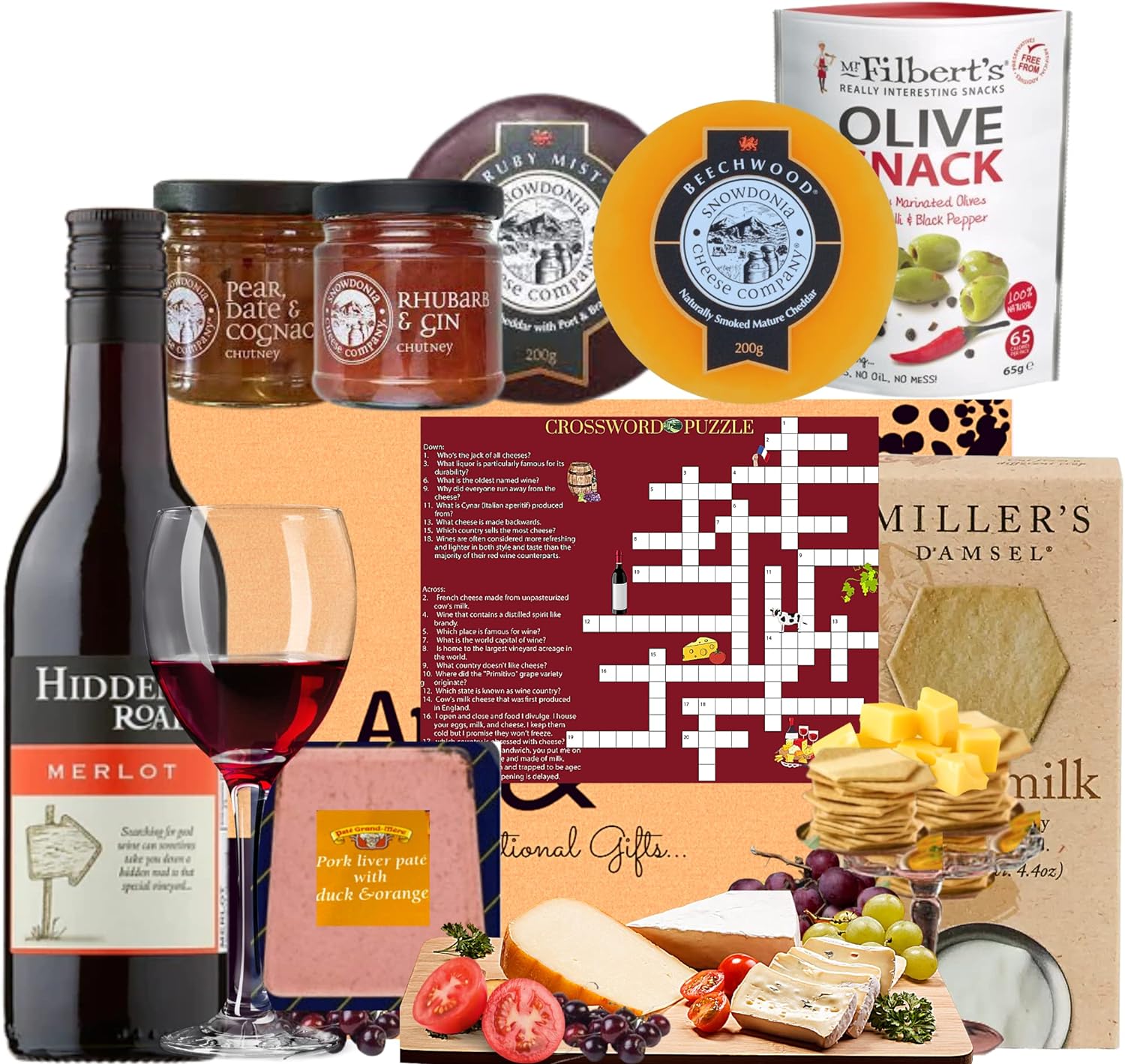 The Snowdonia Cheese Gift and Red Wine Hamper Set - 2 Award Winning Cheeses, Snowdonia Rhubarb Gin and Pear Cognac Chutneys, Olives, Pate, Butter Milk Biscuits - Cheese Gift Set for both Men and Women