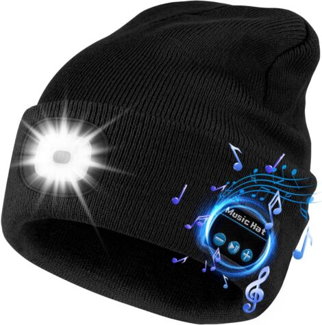 Bluetooth Beanie: LED Headlight + Headphones, Unisex, Rechargeable – Perfect Tech Gift for Men, Women, Dad.