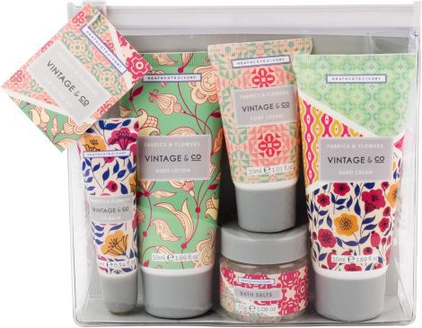 Vintage & Co Beauty Fabrics & Flowers Kit: Travel-sized Hand Cream, Body Lotion, Foot Cream, Lip Balm & Bath Salts.