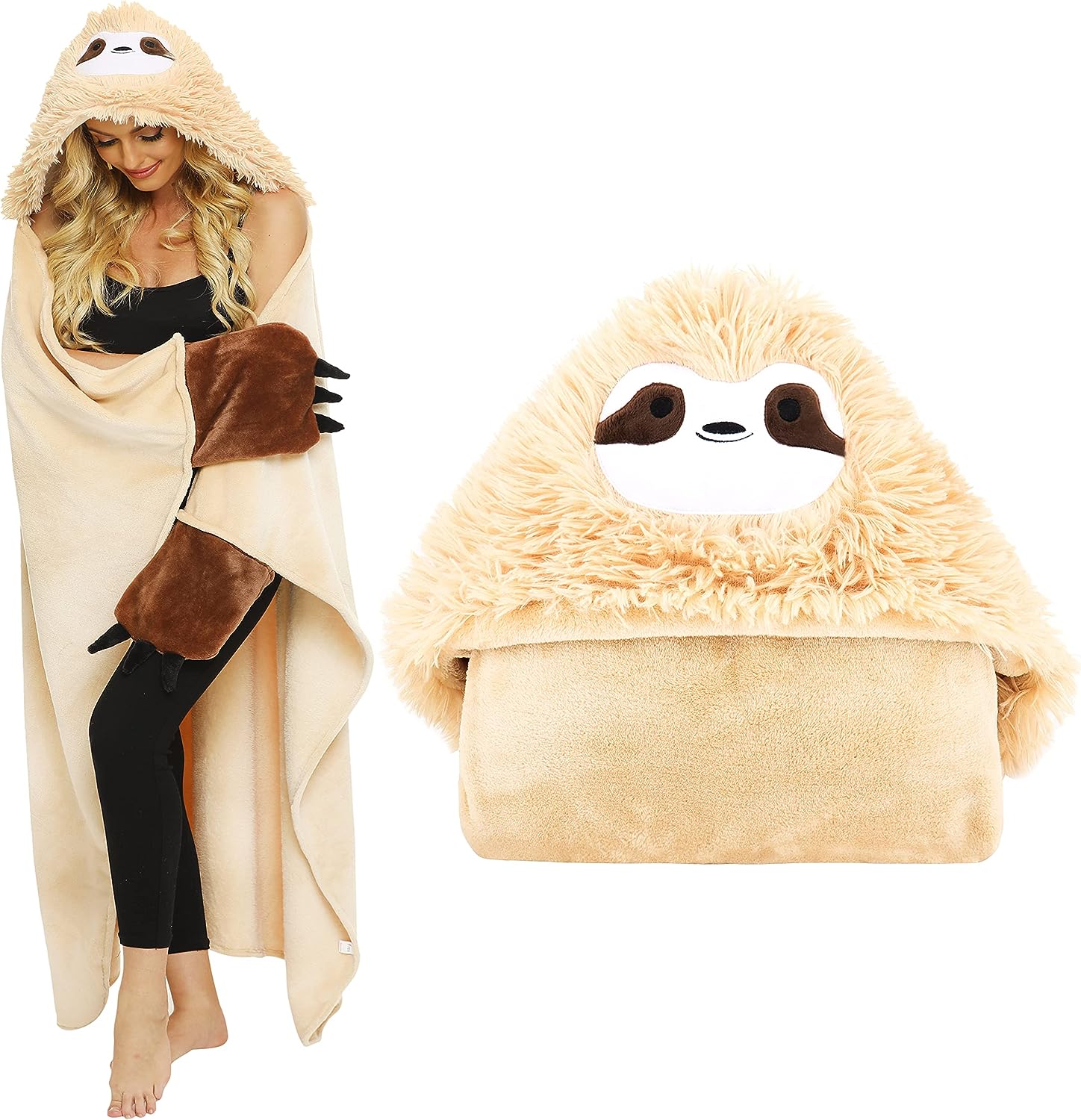 Shoppawhile Sloth Gifts for Women Wearable Hooded Blanket Soft Cute Warm Fluffy Sloth Hooded Blanket 59 * 51 inch