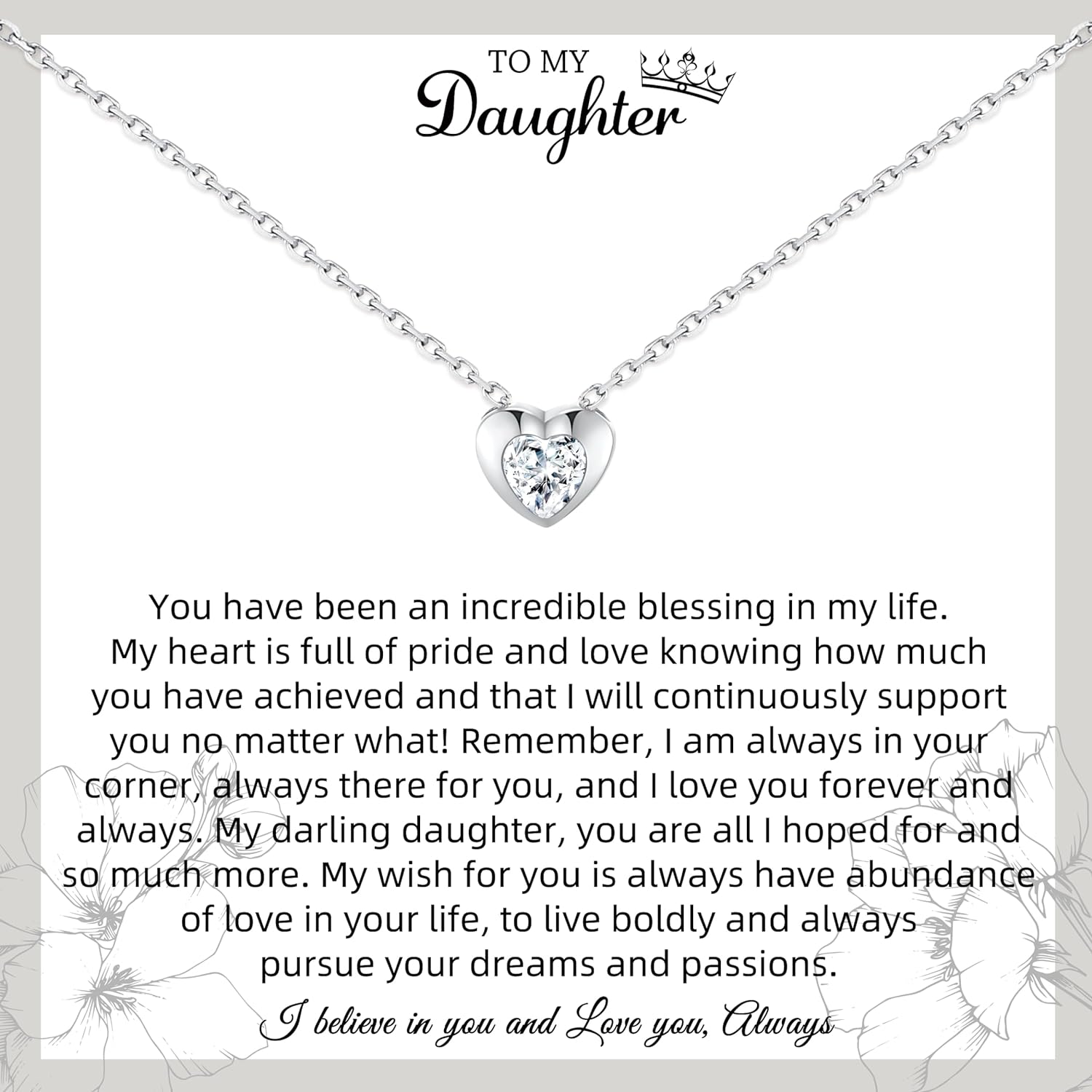 JOSYANDLOVE Daughter Gifts from Dad and Mum, Sterling Silver Crystal Heart Necklace for Women, Daughter Birthday Gifts, Daughter Jewellery from Dad, Graduation Gifts for Her