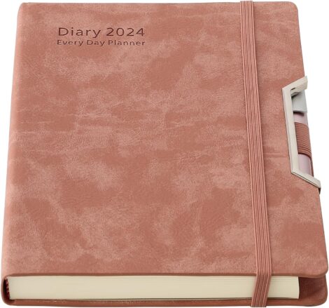 2024 Academic Diary: Day-per-page A5 planner with tabs, pocket, pen loop, stickers (Pink).