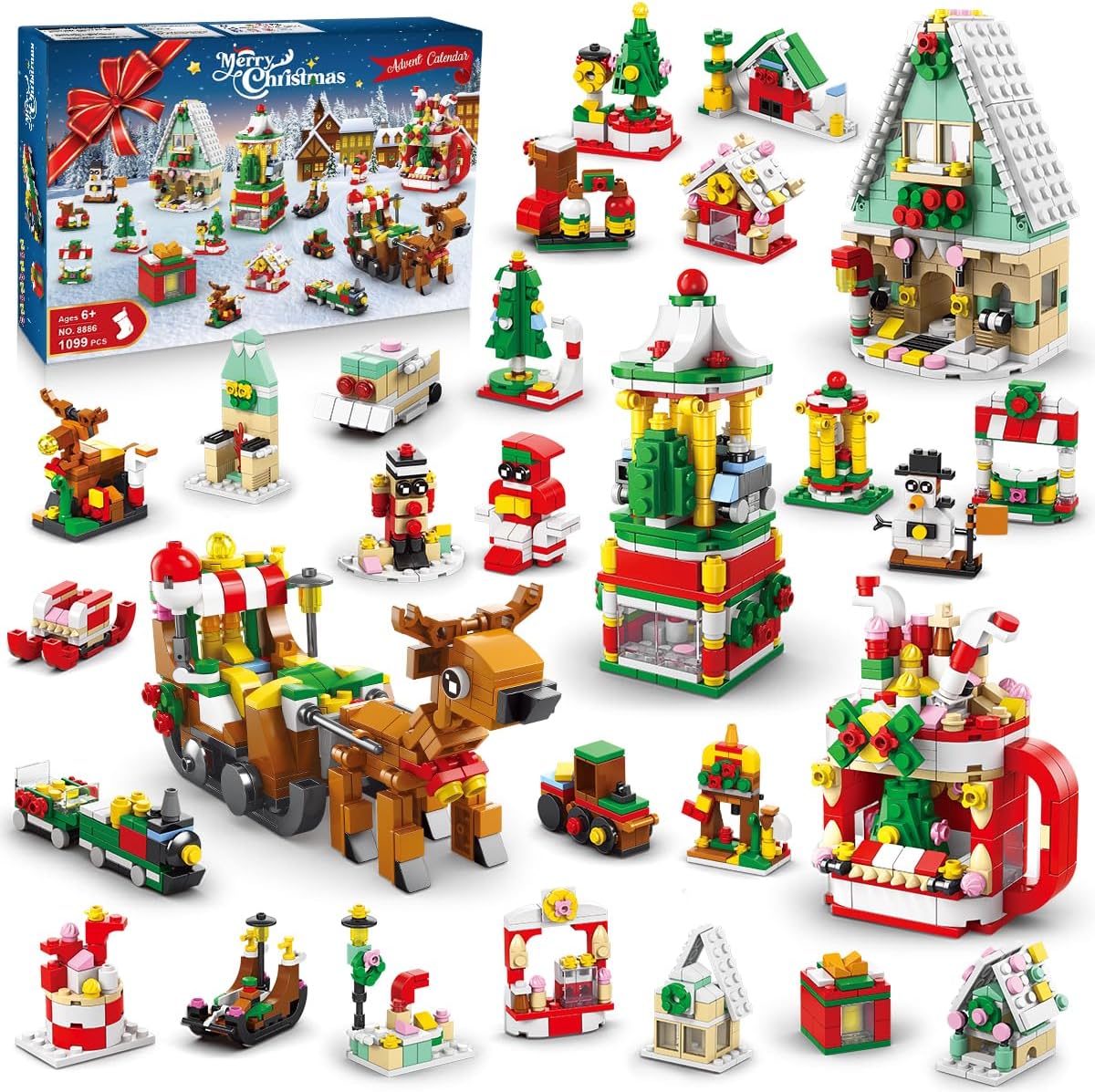 HOGOKIDS Advent Calendar 2023 Building Toy - Christmas Countdown Playset 24 Collectible Surprises, 1099 PCS Christmas Tree Cottage Santa Building Block Set, Gifts for Kids Boys Girls Ages 6-12+ Years