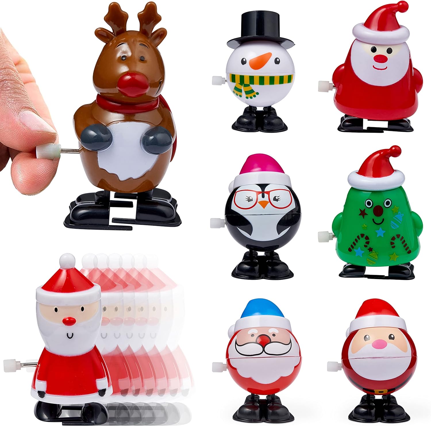 THE TWIDDLERS - 8 Christmas Wind Up Toys, Stocking Fillers Assorted Xmas Designs - Snowman, Santa, Reindeer, Christmas Party Gift Bag Filler for Kids, 8cm x 5cm