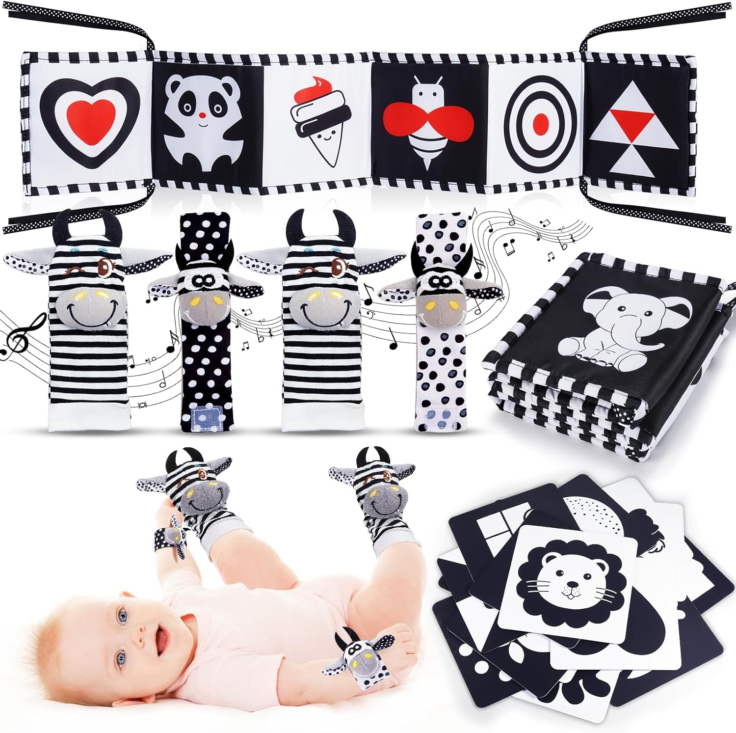HappyKidsClub Black and White Sensory Toys, Baby Essentials for Newborn Sensory Toys for Babies Baby Toys 0-6 Months Baby Gifts Baby Rattle Socks Toys for Newborns Baby Sensory Toys 0 6 Months