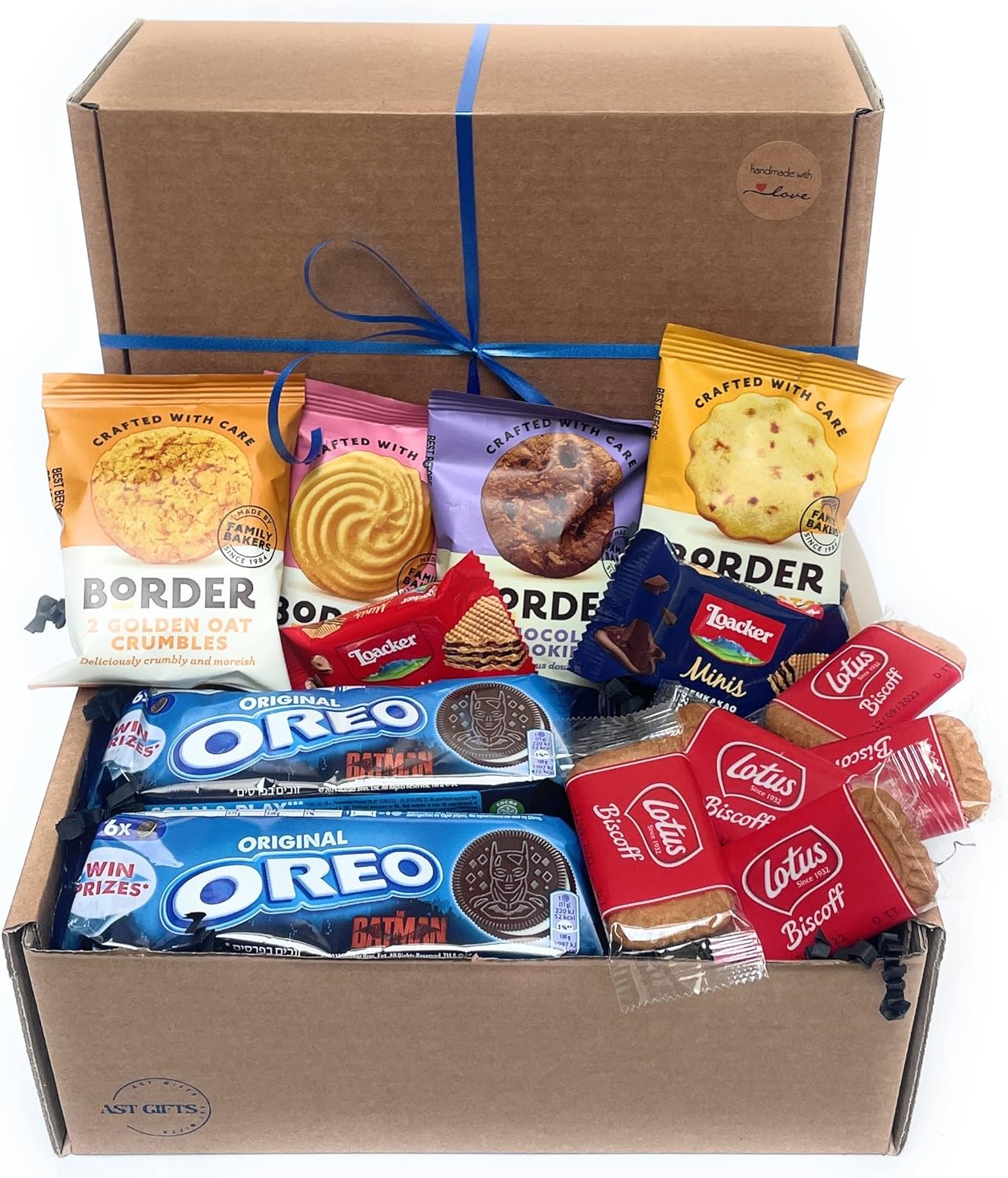 AST GIFTS Biscuits Hamper Treat Box has 4 Packs of Border Biscuits, Lotus Biscoff Biscuits, Oreos and wafers. an Ideal Afternoon Tea Gift Basket of Munchies for Any Occasion