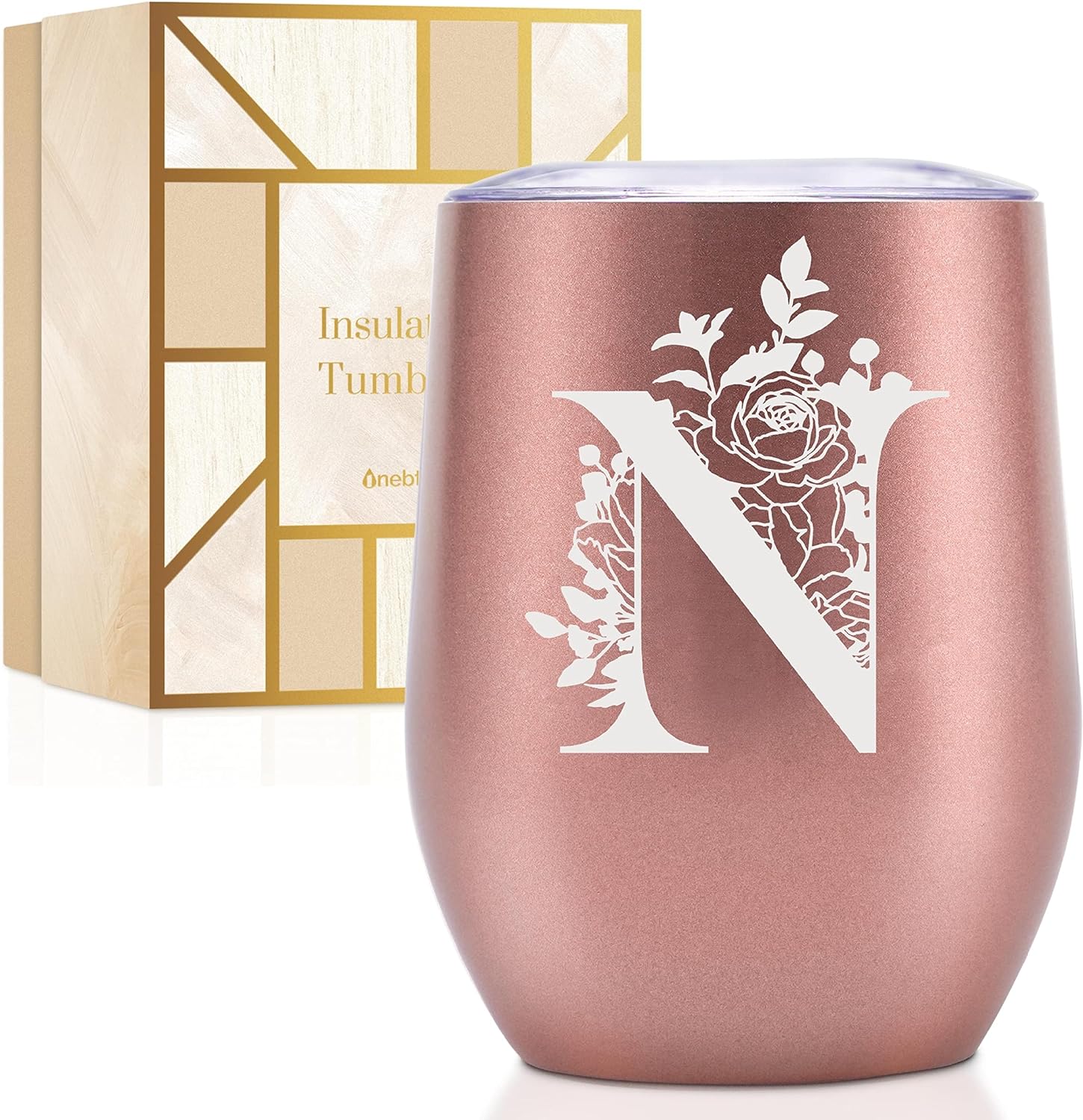 Onebttl Personalised Tumblers with Lids for Women, Monogrammed Coffee Cup with Initial N, Gifts for Her, Girls, Friends, Mum, Bridesmaids, Sisters, Rose Gold