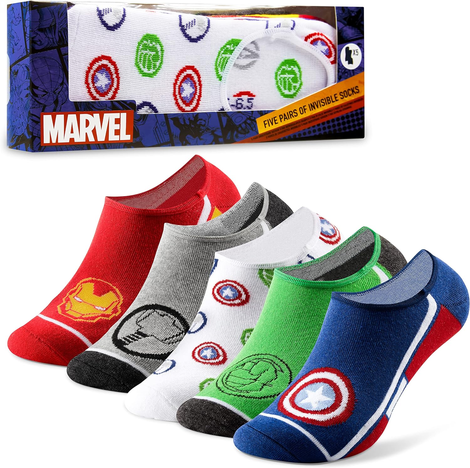 Marvel Mens Socks Summer Anti Slip Invisible Socks for Men 5 Pack Low Cut Captain America Iron Man Avengers No Show Socks Men One Size 7.5-11.5 Gifts for Him