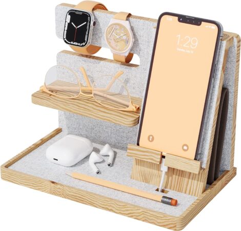 PAGONGO Wood Phone Dock & Nightstand Organizer: Perfect gift for boyfriend, with charging station & iPad holder.