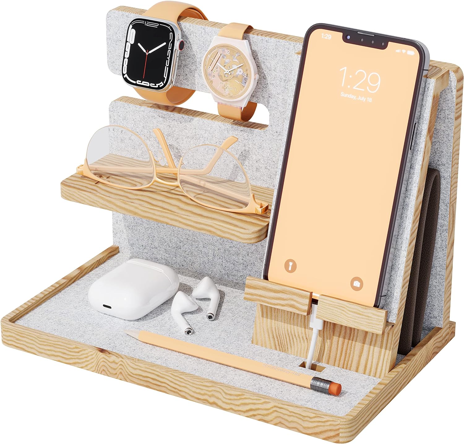 PAGONGO Wood Phone Docking Station, Bedside Organiser, Bedside Table Organiser Men, Presents for Boyfriend, Bedside Charging Station, Nightstand Organiser, Ipad Charging Station, Mens Organiser, White