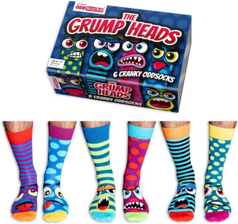 United Oddsocks Grump Heads Box: 6 Men’s Odd Socks – UK 6-11, EUR 39-46, US 6½-11½.