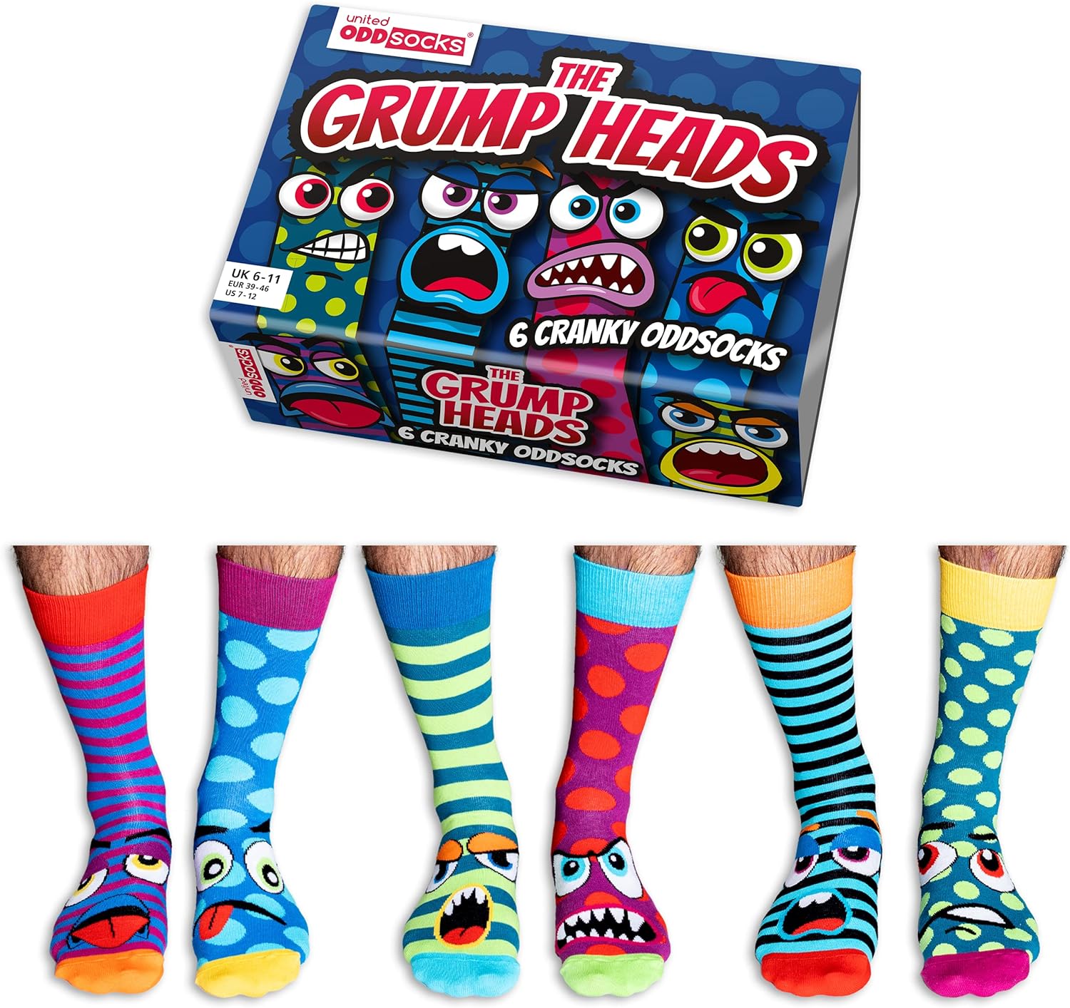 United Oddsocks Grump Heads Box of 6 Odd Socks for Men - UK 6-11, EUR 39-46, US 6½-11½