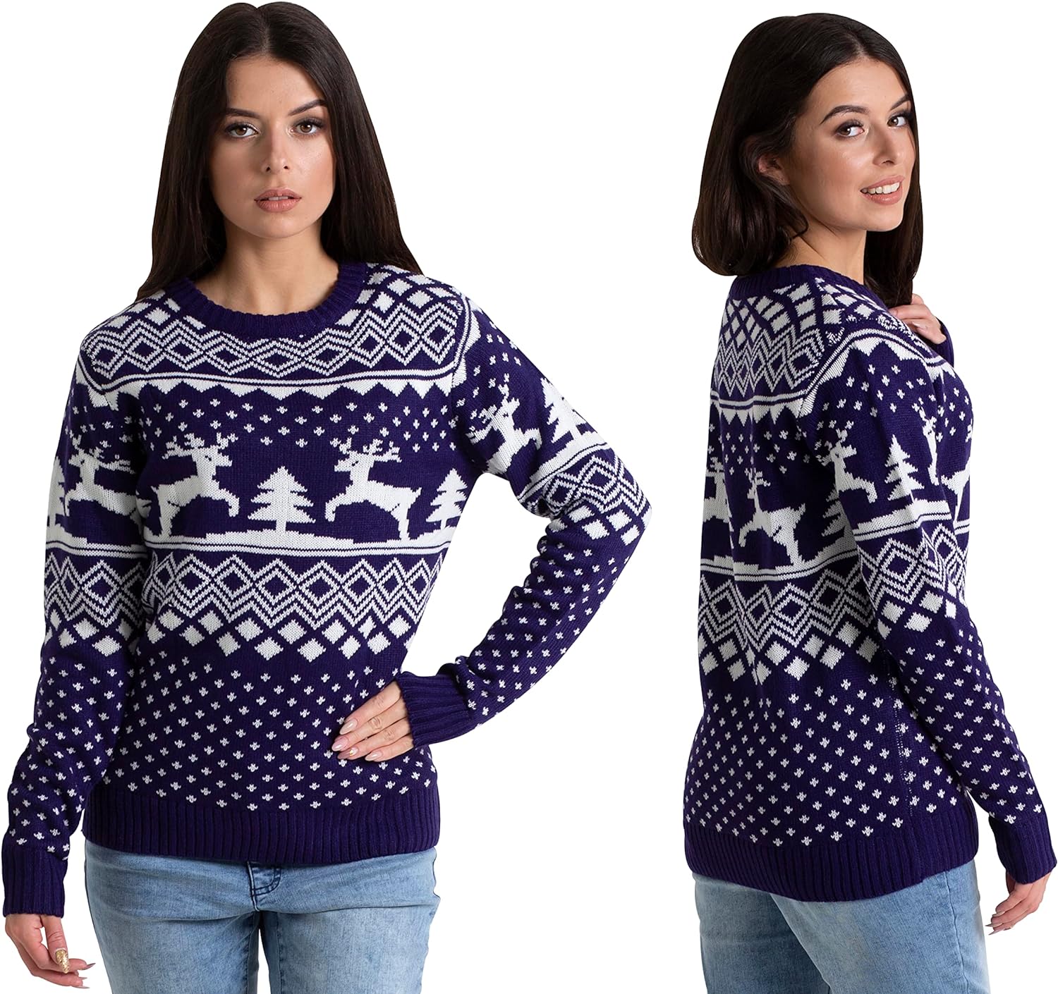 Womens Ugly Christmas Jumper Pullover Classic-Fit Long Sleeve Knitted Crew Neck Retro Reindeer Fairisle Vintage Essential Red Blue Black Xmas Gift Ladies Sweater Size S to XXL