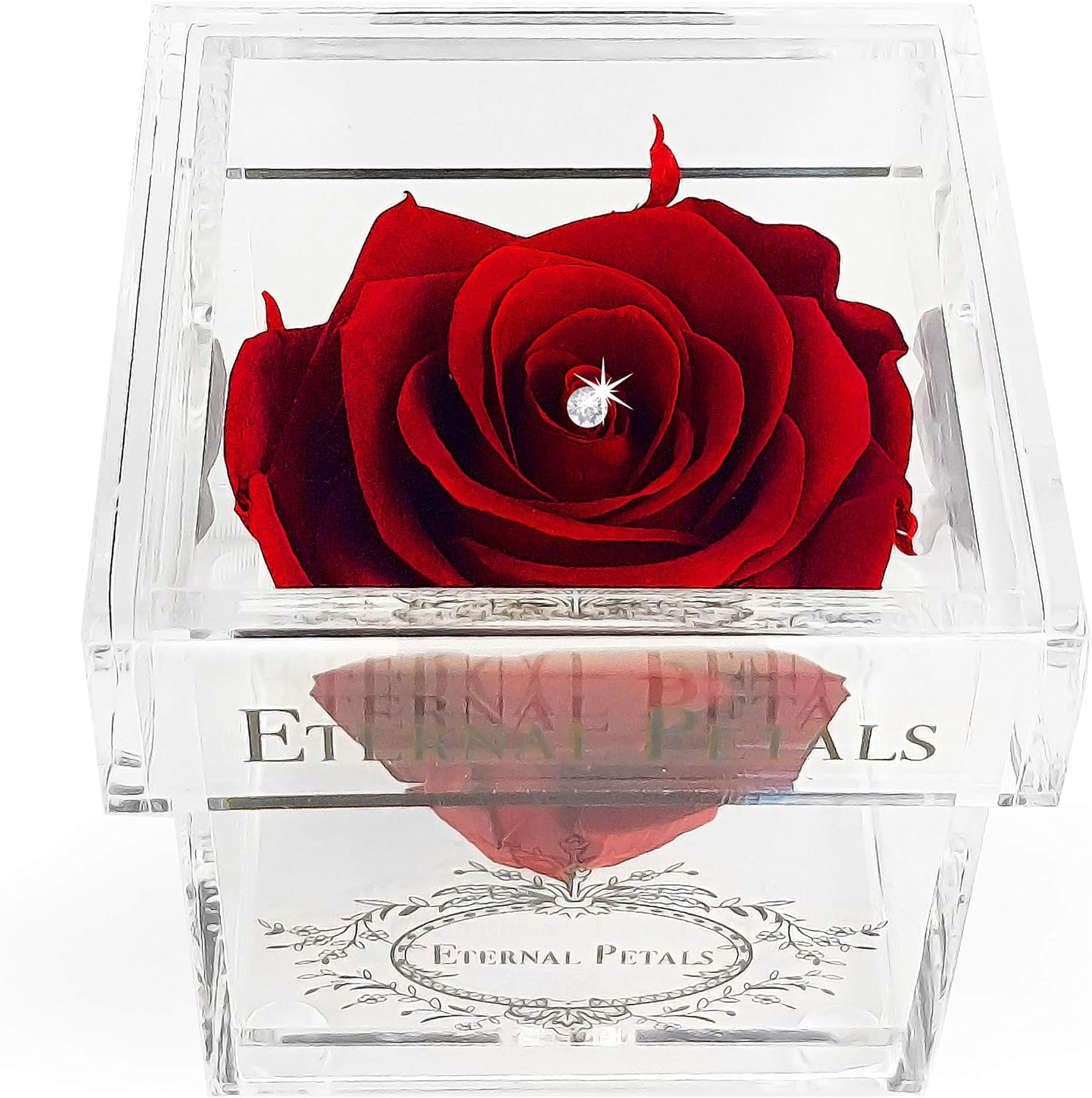 A 100% Real Rose That Lasts Years - Eternal Petals, Handmade in UK – White Gold Solo with A Clear Swarovski Crystal (Deep Red)