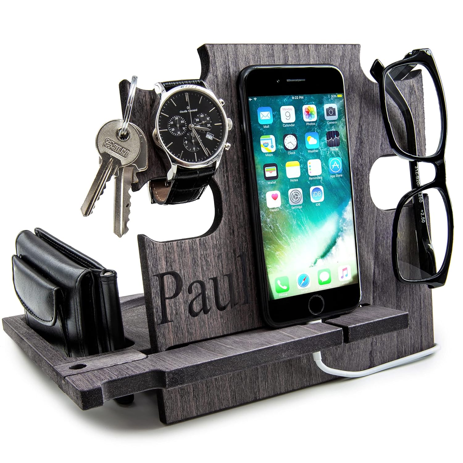 Personalized Gift for Him, Engraved Docking Station, Christmas Gift for Men - Smartphone Stand, Wooden Desk Organizer, Charging Station, Valentine's Day Gift (Slate Gray)