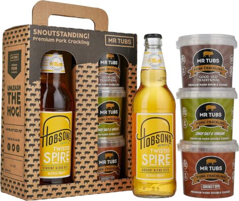 Mr Tubs Pork Crackling & Beer Gift Set – 3 Flavour Tubs & 1 Twisted Spire Ale 500ml.