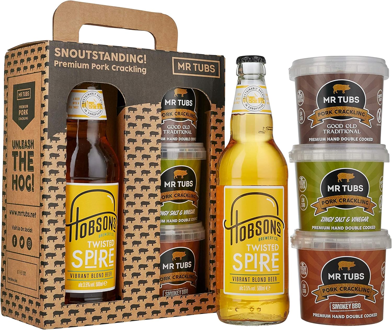 Mr Tubs Premium Pork Crackling & Beer Gift Set - 3 x Crackling Flavour Tubs & 1 x Twisted Spire Ale 500ml - Gourmet Pork Scratchings Gift with Beer, from Award-Winning UK Brewery