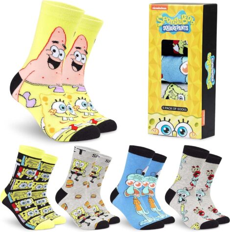 5-Pack of SpongeBob Crew Socks: Soft, Breathable, Work & Sports Casual; Size 6-10; Ideal Men’s Gift