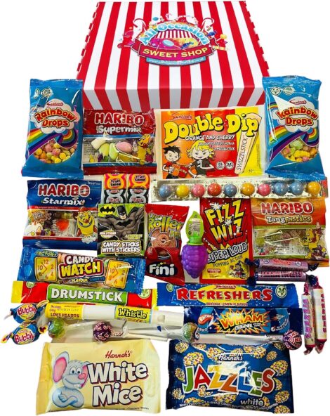 Gift hamper of nostalgic candy: Retro Sweets Box – Perfect birthday present for all ages.