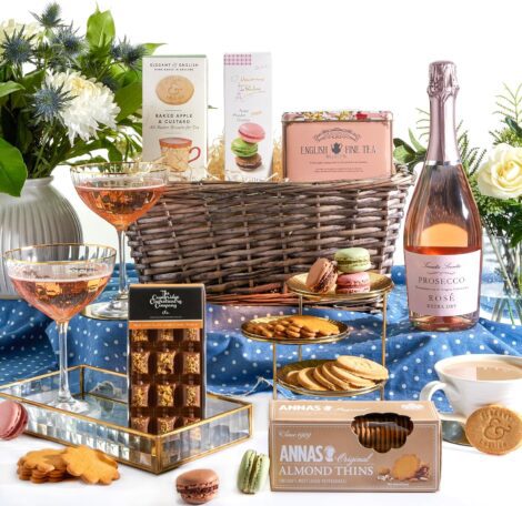 Prosecco Celebration Hamper: Elegant Biscuits, Tea, Macarons, Chocolates. Perfect for Women, Couples.