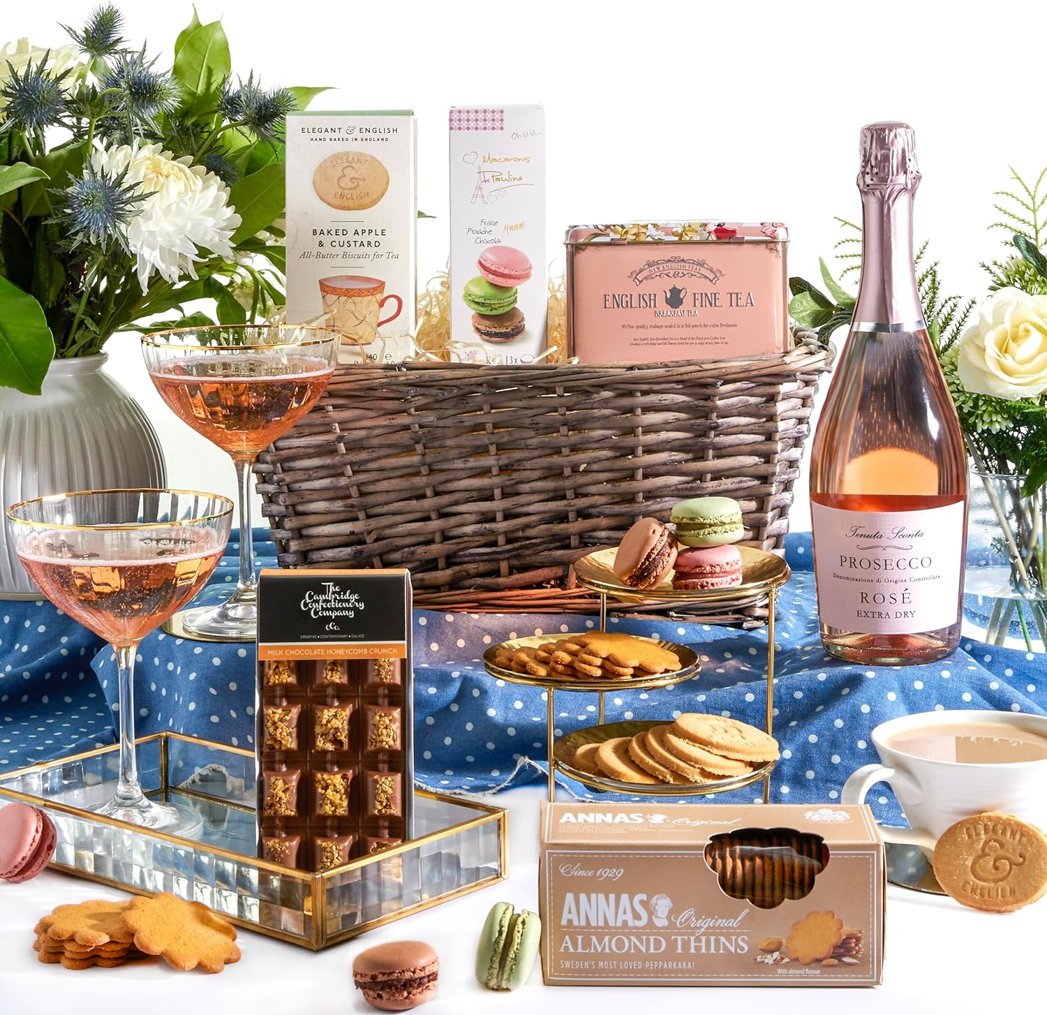 Celebration Prosecco Gift Hamper - Prosecco Gift Set - Elegant Biscuits, Premium English Tea, Macarons, Artisan Chocolates & Biscuits | Prosecco Gifts For Women, Hampers For Women, Gifts For Couples.