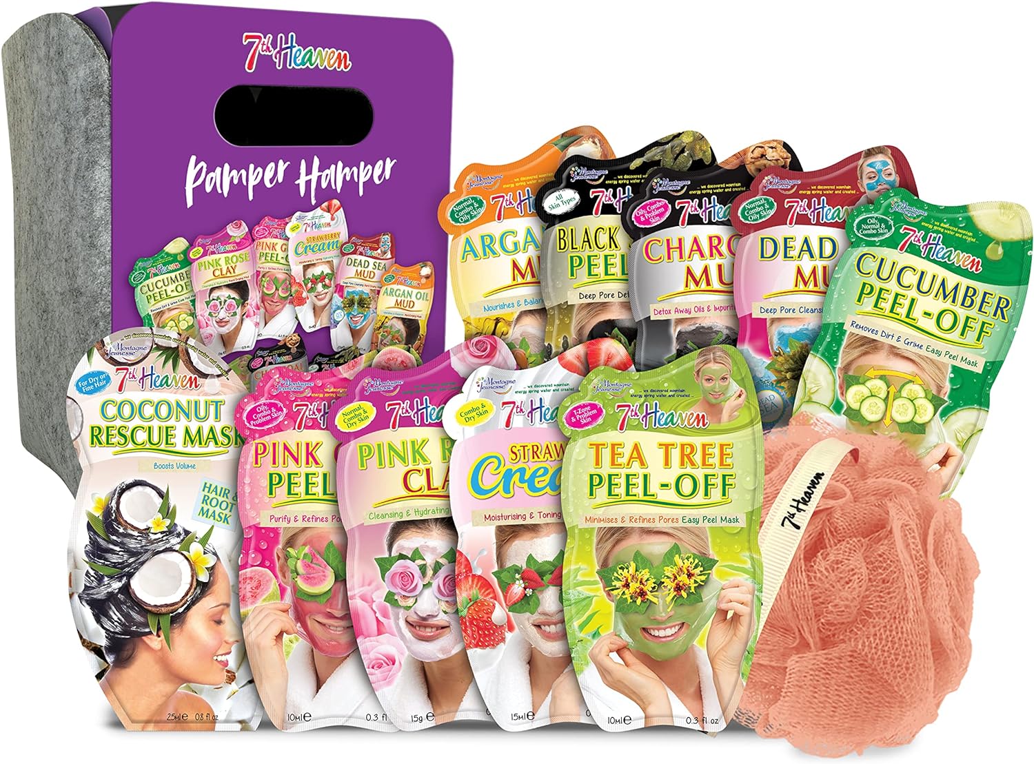 7th Heaven Pamper Hamper Skincare Set - 9 x Face Masks Skincare, 1 x Hair Masks for Dry Damaged Hair and 1 x Body Puff - Gift Set of Peel Off Face Masks & Clay Face Mask Sachets