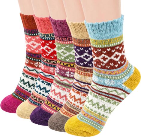 Airabc Winter Women’s Thermal Socks: 5 Pairs, Warm Wool Knitting, Vintage Style Cotton, Ideal Christmas Gift.