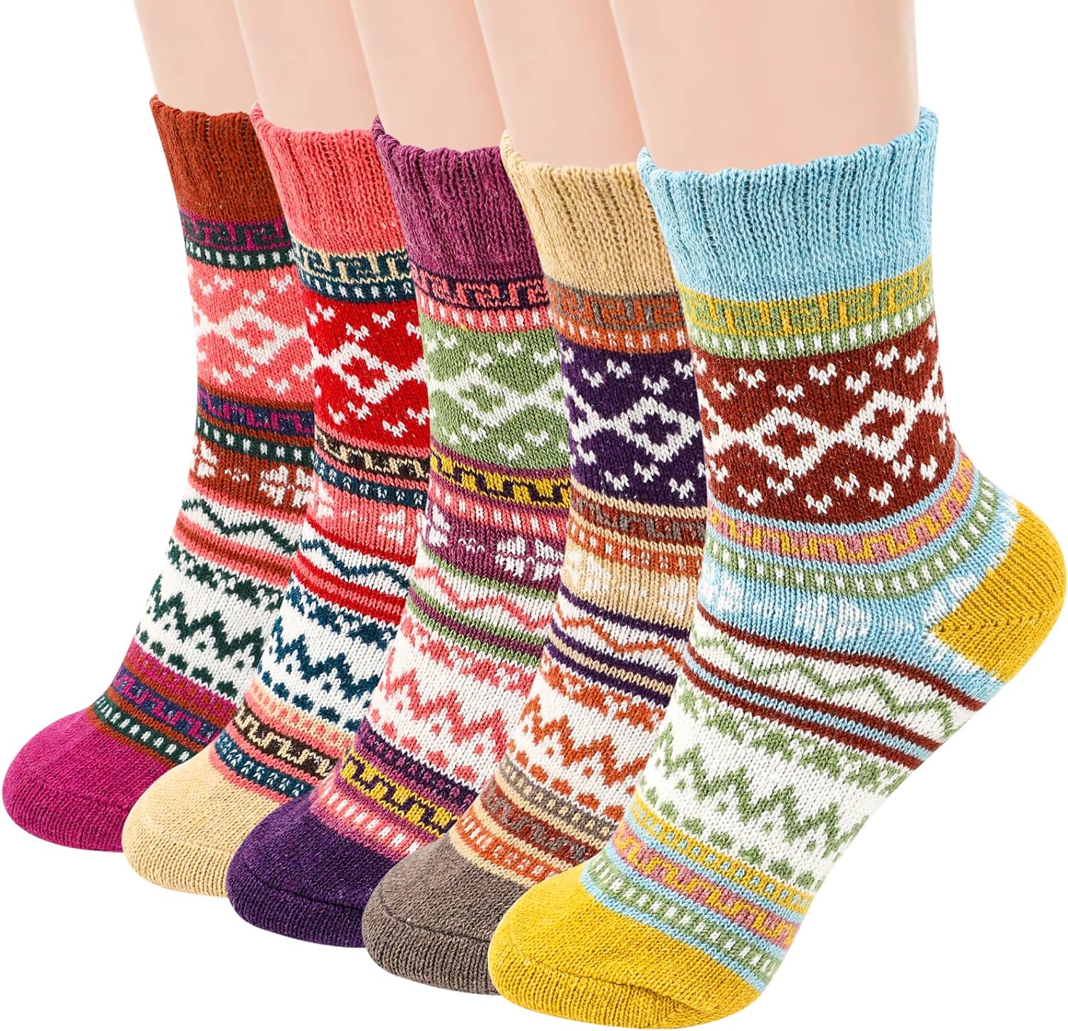 Airabc Thermal Winter Women Socks 5 Pairs Wool Warm Knitting Ladies Socks Vintage Style Soft Cotton Thick Woman Bed Sock Multicoloured for Home Office School Hiking, Ideal Christmas Gifts for Women