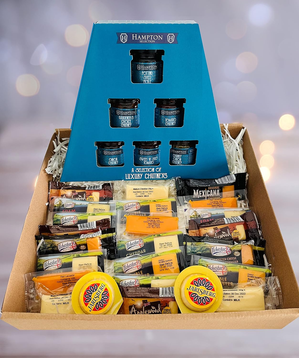 TOPLINE Luxury Selection of 9 Different Cheeseboard Varieties and 6 Chutney's Gift Set Him and Her | 24 Ilchester Cheese Individually Wrapper Portions and Hampton's 6 Luxury Chutneys Gift Hamper